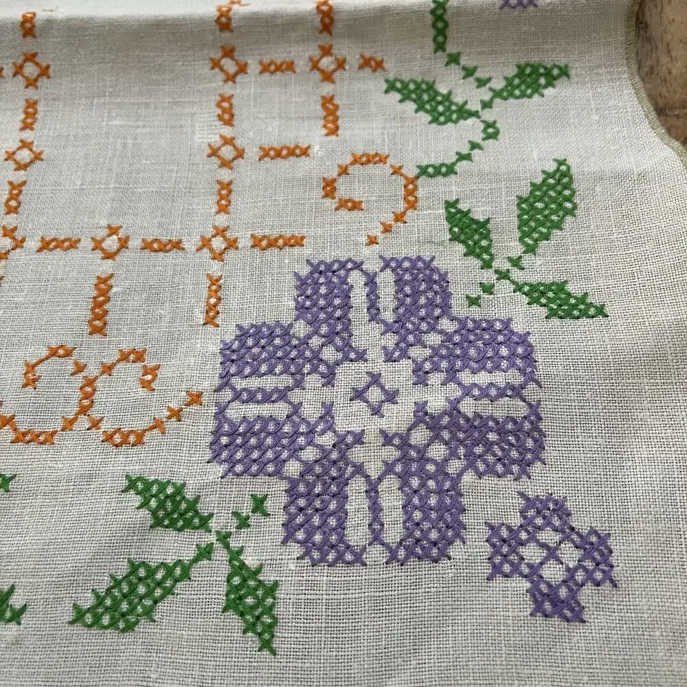 Vintage Linen Table Runner 13 x 38 in Cross Stitched White Purple Flowers